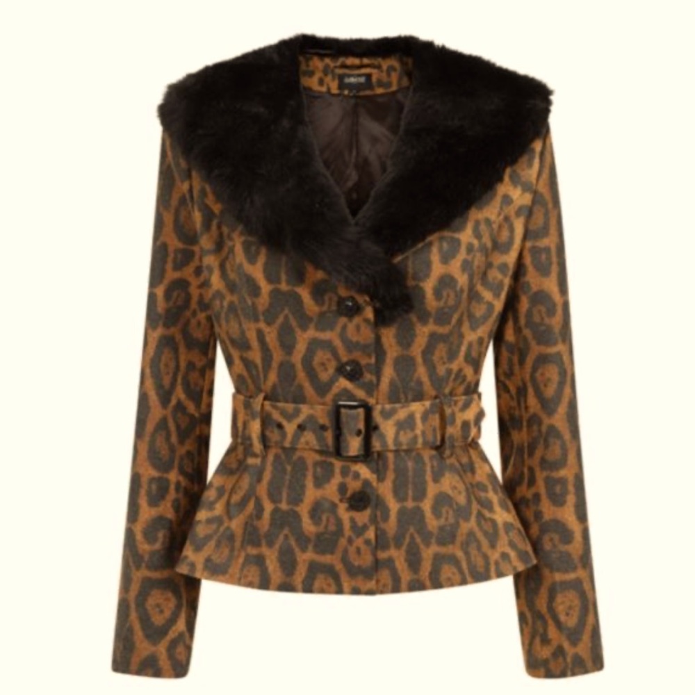 Collectif Molly Leopard Print Jacket Black Faux Fur Collar NWT